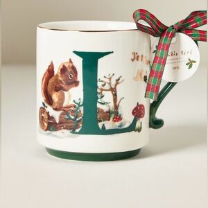 NWT Anthropologie Natalie Lete Stoneware Holiday Monogram Mug L